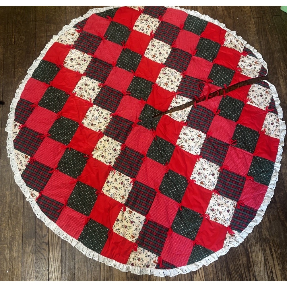 58" Vintage Multicolor Hand Quilted Patchwork Christmas‎ Tree Skirt w/Lace